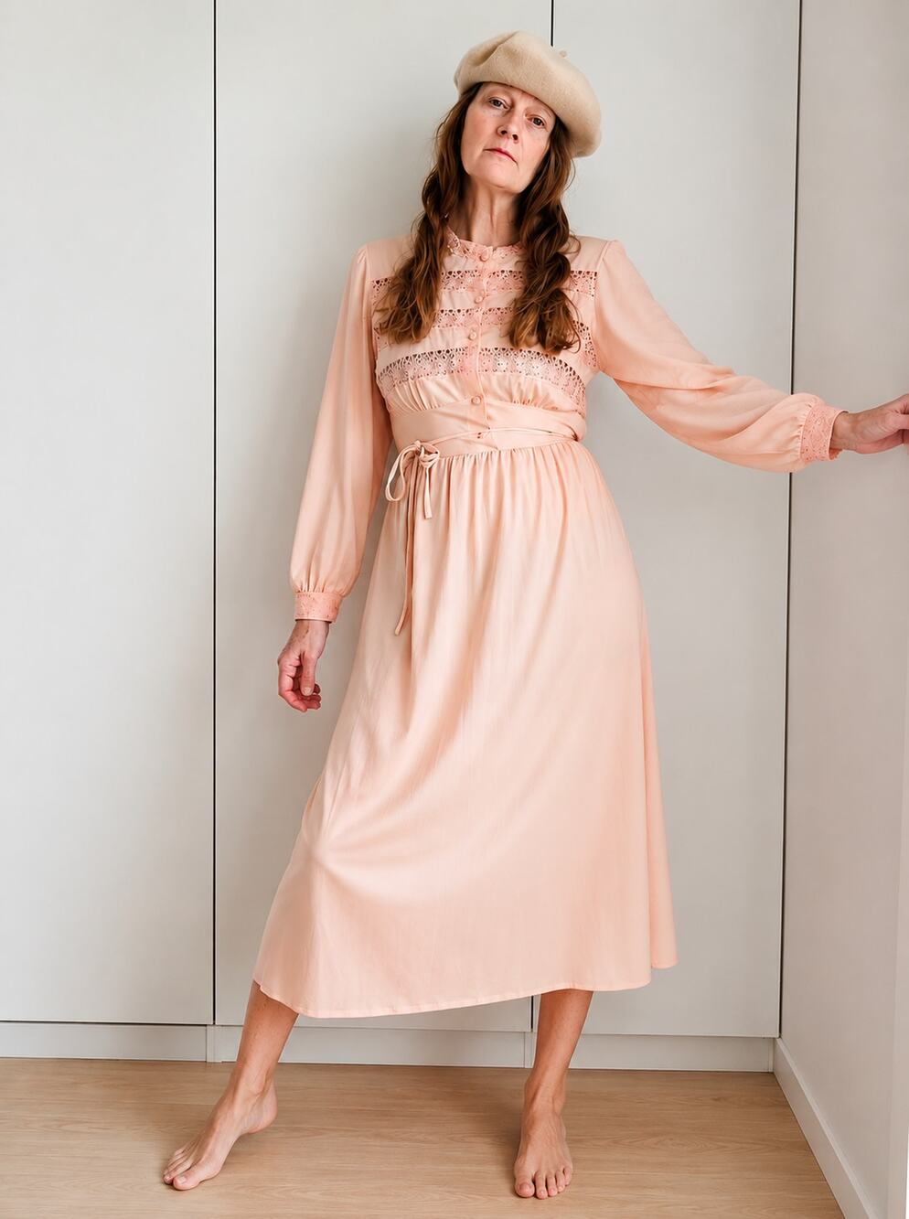 Vintage Dress French Dress Peach Medium Fit Midi Romantic Special Occasion Sleep